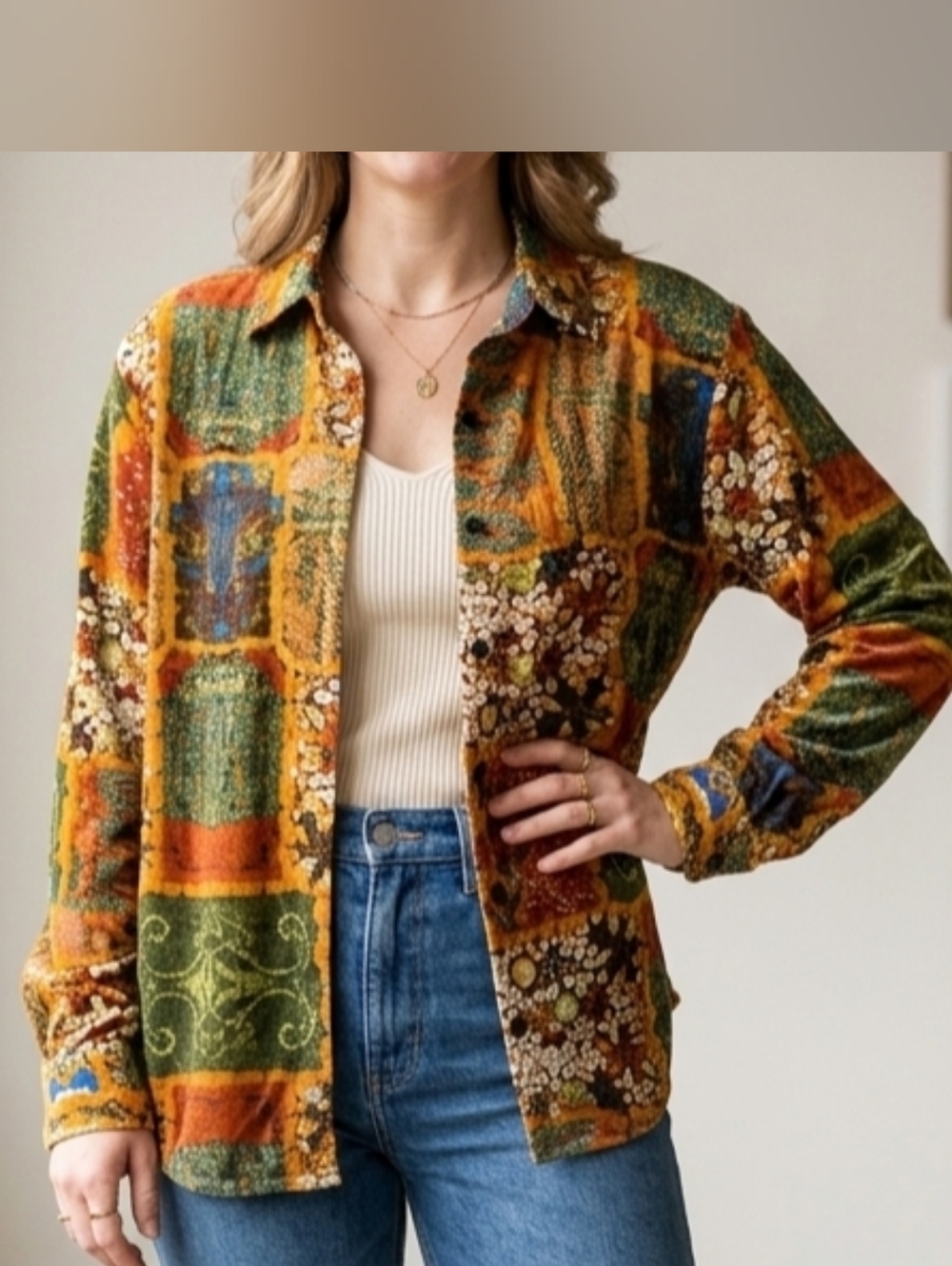 Vintage 90s Patchwork Boho Blouse Multicolor Ethnic Floral Print Button Down